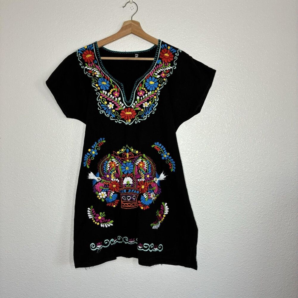 Mexican Embroidered Dress Womens M Black Floral Boho Short Cotton Tunic Peasant - Picture 3 of 9